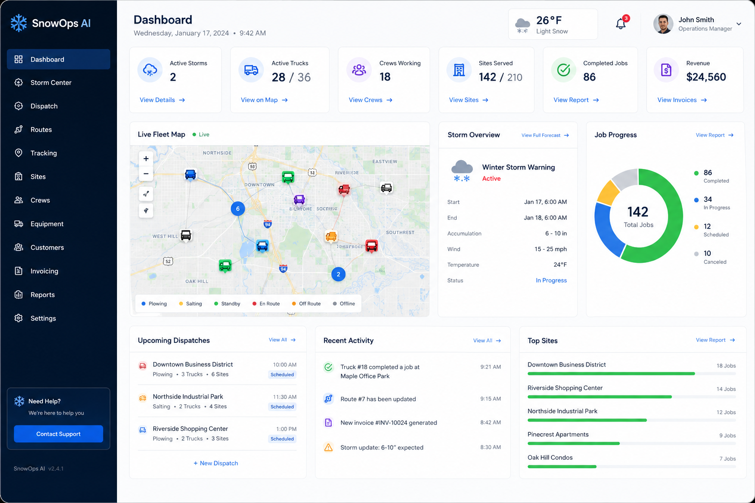 SnowOps AI snow removal dispatch software dashboard with route tracking and storm management tools